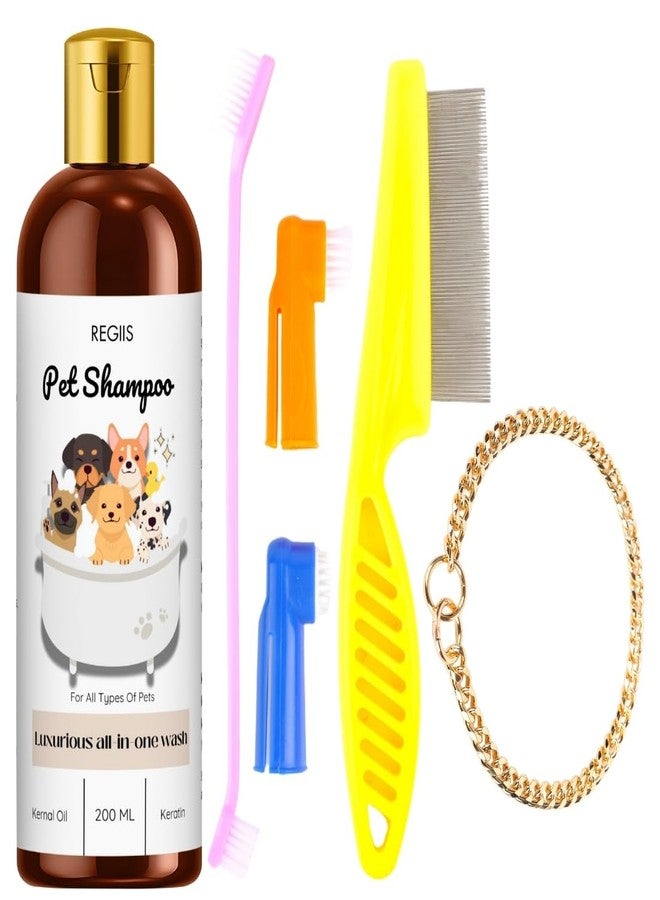 REGIIS Pet Shampoo for Dogs, All-in-One Wash with Keratin and Kernal Oil, 200 ML, Includes Grooming Tools, Dog Brush Set with Flea Comb and Training Collar(4 Pack) - Image 1